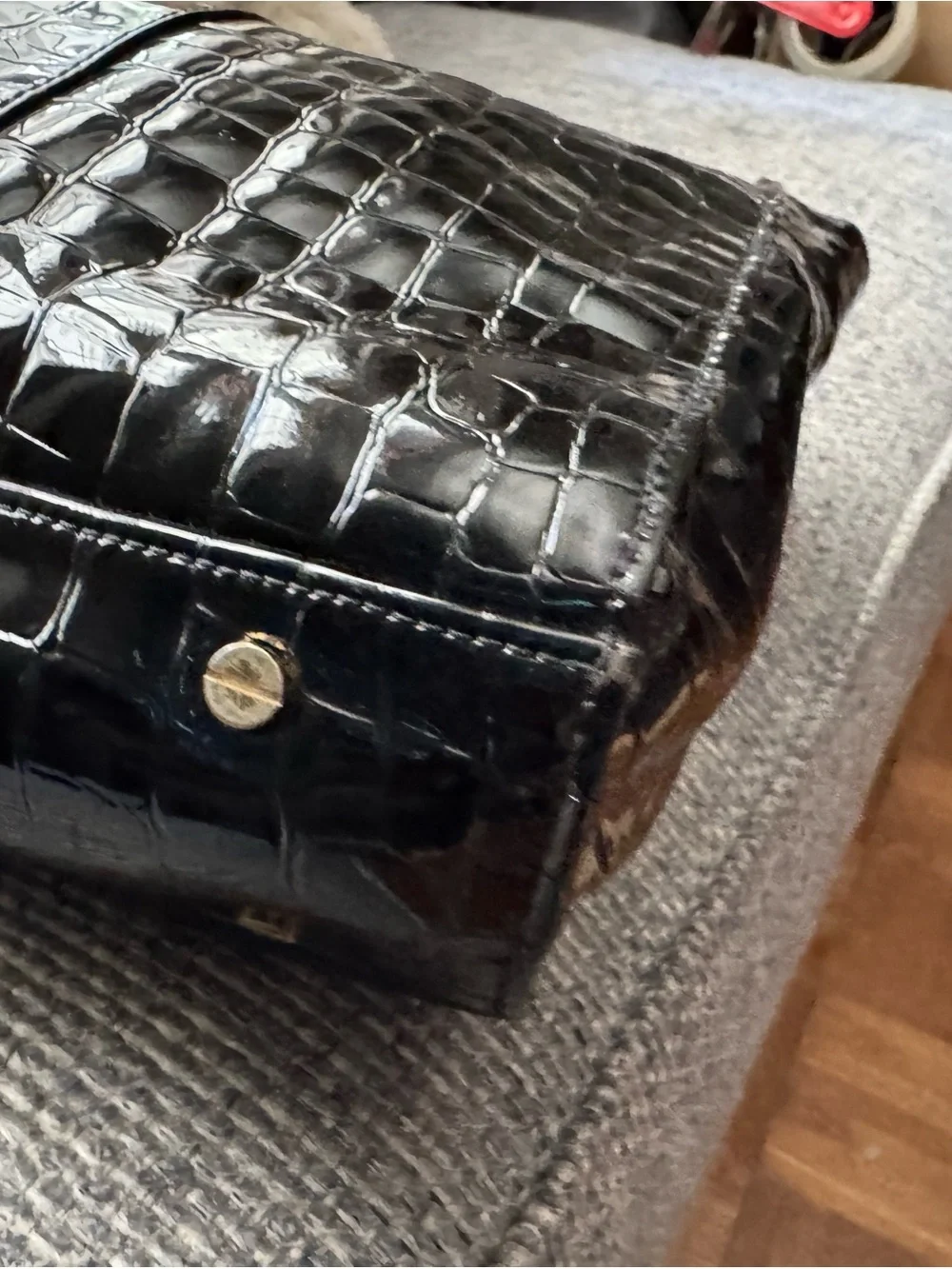 Tory Burch Black Croc-Embossed Patent Leather Tote Shoulder Bag Gold Hardware
